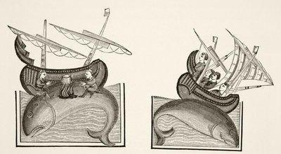 Navigators verwarren de rug van een walvis met een eiland, naar een miniatuur in Richard de Fournival
